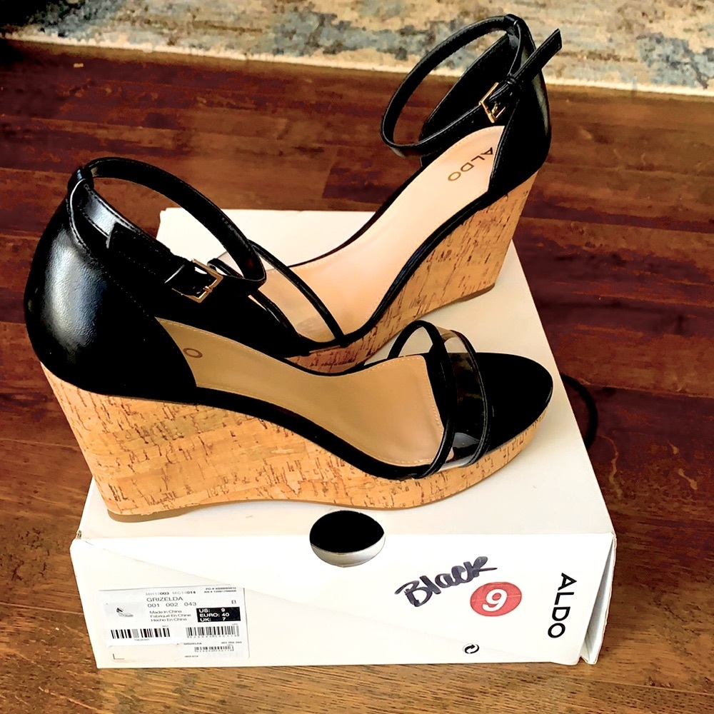 Aldo Grizelda Cork Wedge Dress Sandals Clear and Black